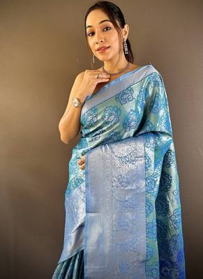 sky blue color zari weaving work kanjivaram tissue silk blend saree 2