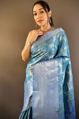 sky blue color zari weaving work kanjivaram tissue silk blend saree