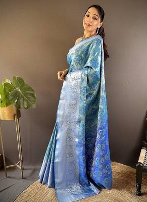 sky blue color zari weaving work kanjivaram tissue silk blend saree 3