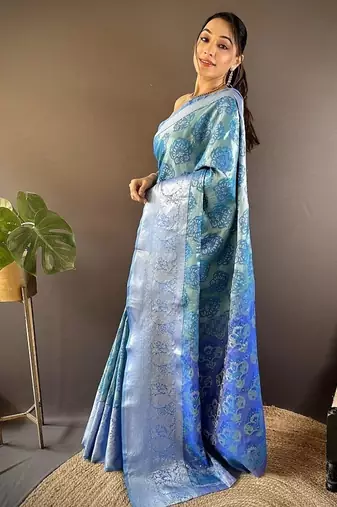 sky blue color zari weaving work kanjivaram tissue silk blend saree