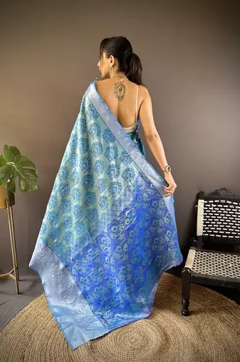 sky blue color zari weaving work kanjivaram tissue silk blend saree
