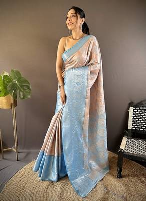peach & sky blue color zari weaving work kanjivaram tissue silk blend saree 1