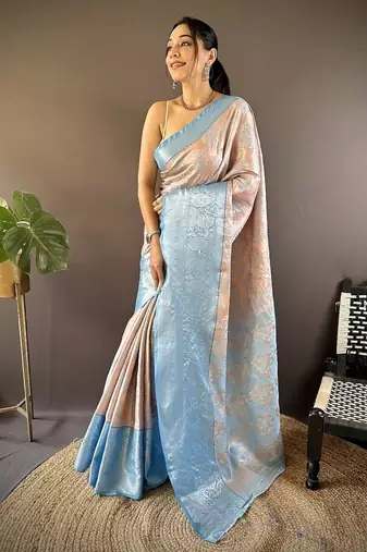 peach & sky blue color zari weaving work kanjivaram tissue silk saree