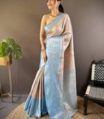 peach & sky blue color zari weaving work kanjivaram tissue silk saree