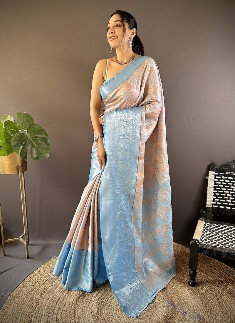 peach & sky blue color zari weaving work kanjivaram tissue silk saree