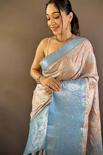 peach & sky blue color zari weaving work kanjivaram tissue silk blend saree