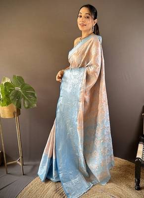 peach & sky blue color zari weaving work kanjivaram tissue silk blend saree 3
