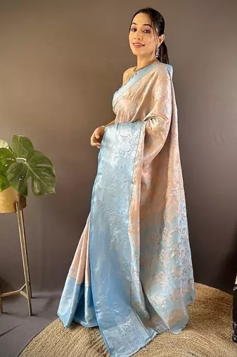 peach & sky blue color zari weaving work kanjivaram tissue silk blend saree