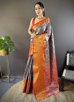 grey & red color zari weaving work kanjivaram tissue silk blend saree 1