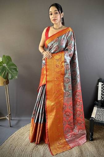 grey & red color zari weaving work kanjivaram tissue silk saree