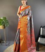 grey & red color zari weaving work kanjivaram tissue silk saree