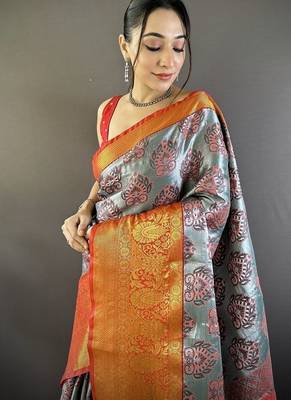 grey & red color zari weaving work kanjivaram tissue silk blend saree 2