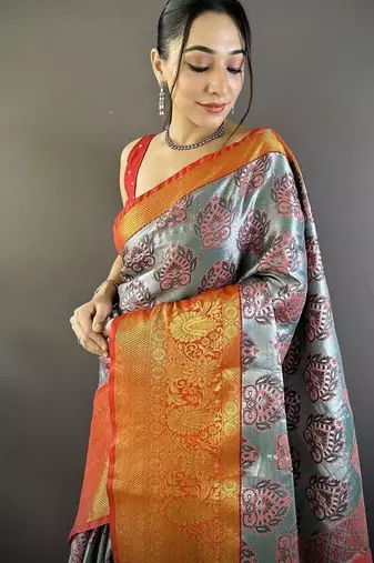 grey & red color zari weaving work kanjivaram tissue silk blend saree
