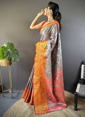 grey & red color zari weaving work kanjivaram tissue silk blend saree 3