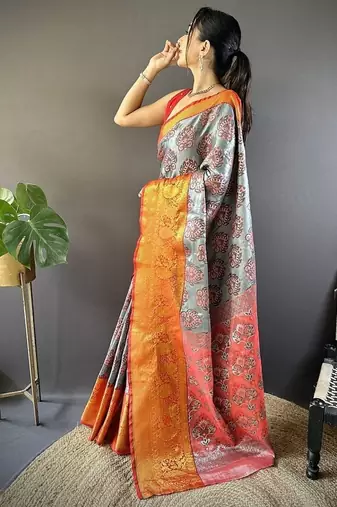 grey & red color zari weaving work kanjivaram tissue silk blend saree