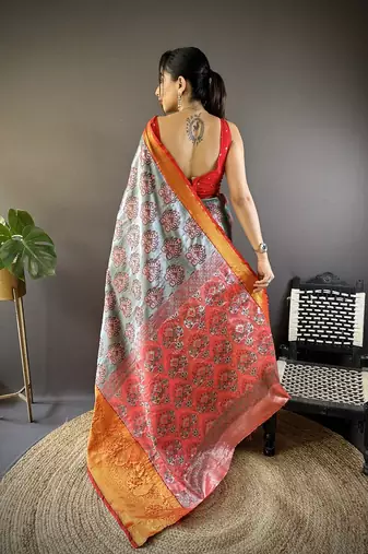 grey & red color zari weaving work kanjivaram tissue silk blend saree