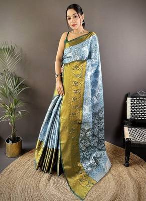 sky blue & green color zari weaving work kanjivaram tissue silk blend saree 1