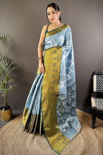 sky blue & green color zari weaving work kanjivaram tissue silk saree