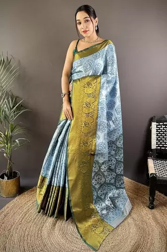 sky blue & green color zari weaving work kanjivaram tissue silk saree