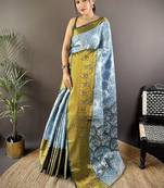 sky blue & green color zari weaving work kanjivaram tissue silk saree