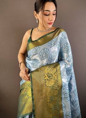 sky blue & green color zari weaving work kanjivaram tissue silk blend saree 2