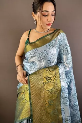 sky blue & green color zari weaving work kanjivaram tissue silk blend saree