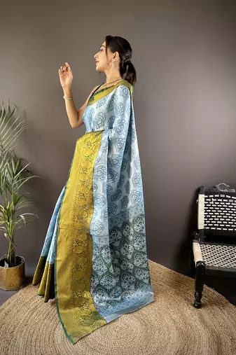 sky blue & green color zari weaving work kanjivaram tissue silk blend saree