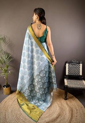 sky blue & green color zari weaving work kanjivaram tissue silk blend saree 4