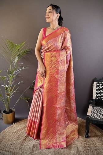 pink & multicolor color zari weaving work kanjivaram tissue silk saree