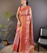 pink & multicolor color zari weaving work kanjivaram tissue silk saree