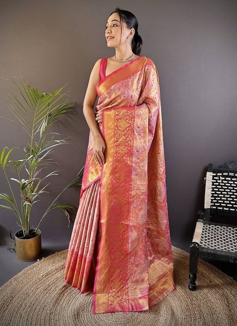 pink & multicolor color zari weaving work kanjivaram tissue silk saree