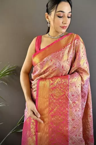 pink & multicolor color zari weaving work kanjivaram tissue silk blend saree