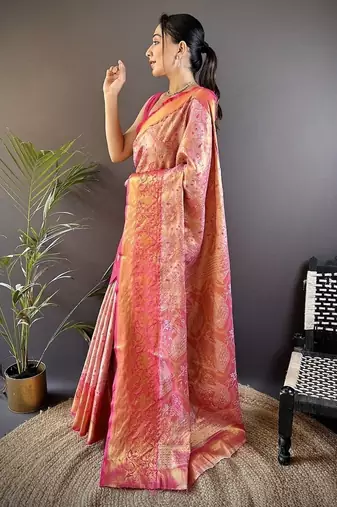 pink & multicolor color zari weaving work kanjivaram tissue silk blend saree