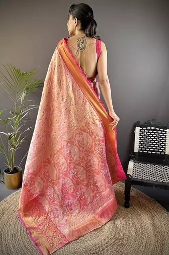 pink & multicolor color zari weaving work kanjivaram tissue silk blend saree