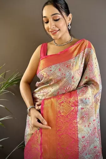 pista & multicolor color zari weaving work kanjivaram tissue silk blend saree