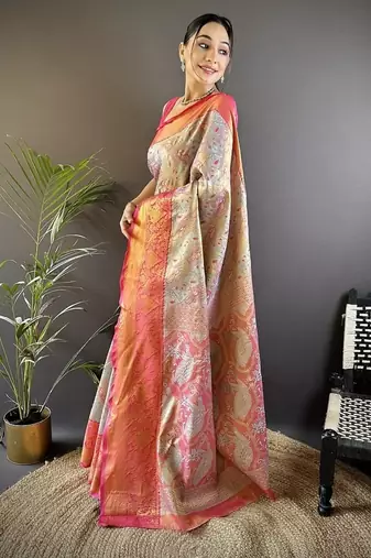 pista & multicolor color zari weaving work kanjivaram tissue silk blend saree