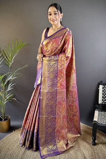 purple & multicolor color zari weaving work kanjivaram tissue silk saree