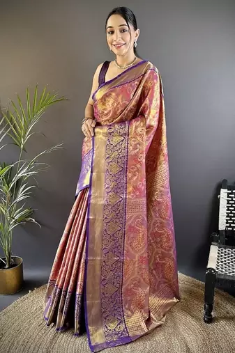 purple & multicolor color zari weaving work kanjivaram tissue silk saree