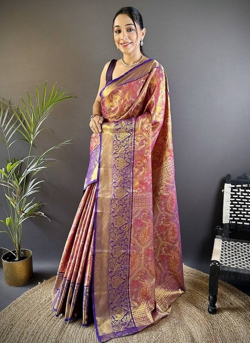 purple & multicolor color zari weaving work kanjivaram tissue silk saree