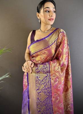 purple & multicolor color zari weaving work kanjivaram tissue silk blend saree 2