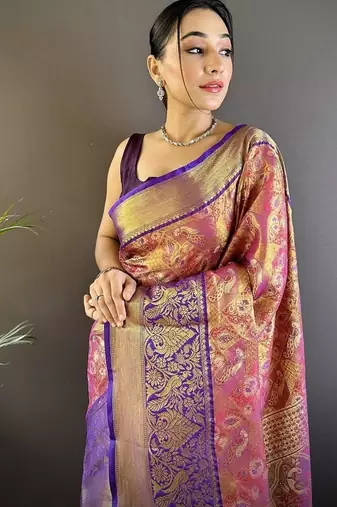 purple & multicolor color zari weaving work kanjivaram tissue silk blend saree