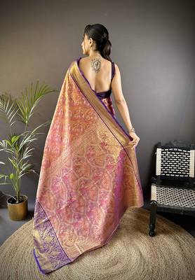 purple & multicolor color zari weaving work kanjivaram tissue silk blend saree 4
