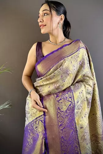 chiku & multicolor color zari weaving work kanjivaram tissue silk blend saree
