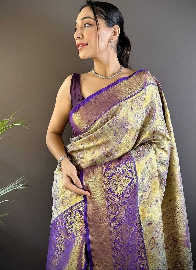 chiku & multicolor color zari weaving work kanjivaram tissue silk saree