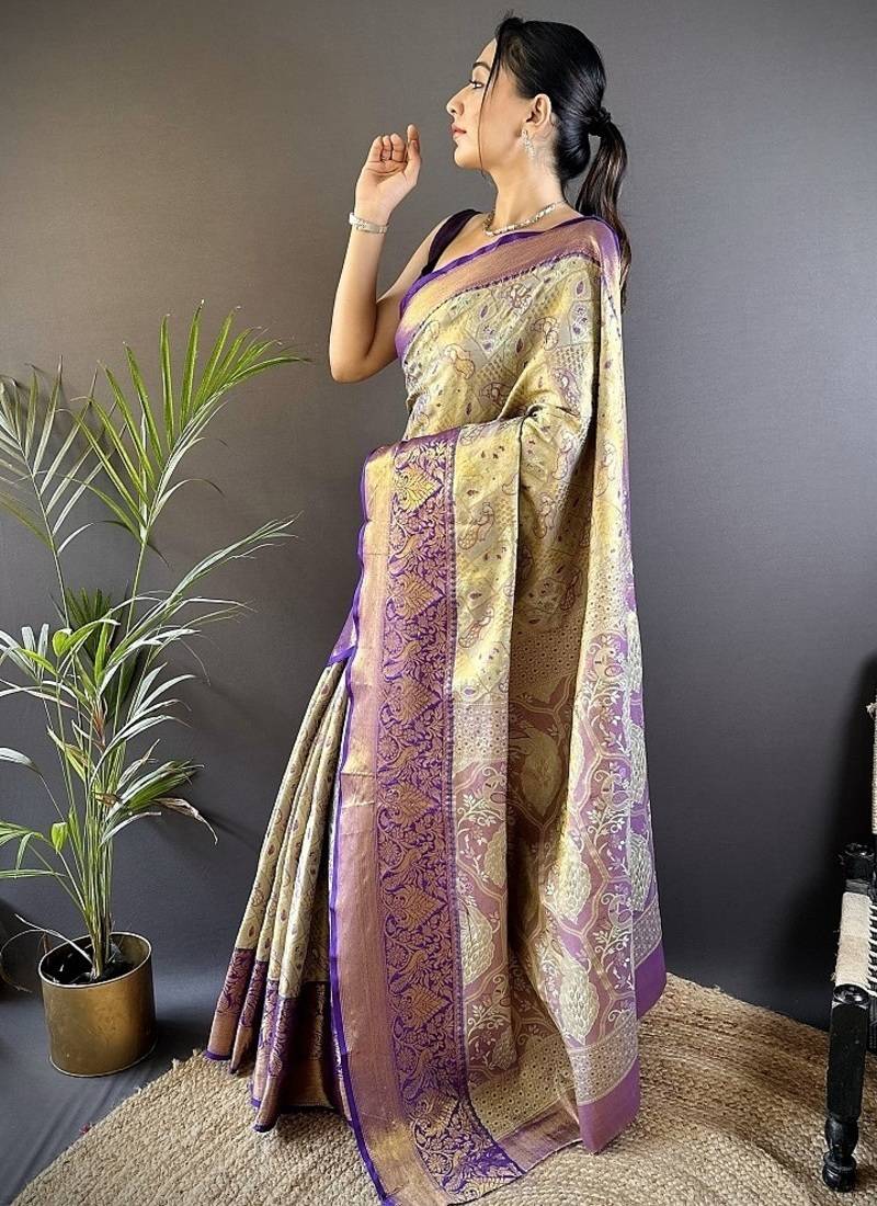 chiku & multicolor color zari weaving work kanjivaram tissue silk saree