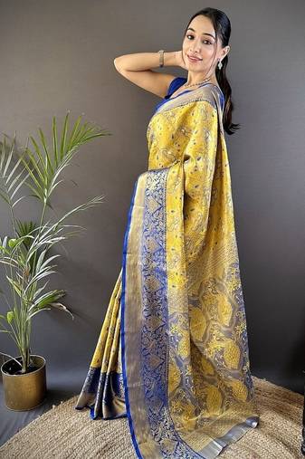 yellow & multicolor color zari weaving work kanjivaram tissue silk saree