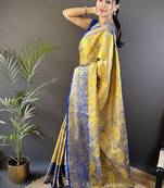 yellow & multicolor color zari weaving work kanjivaram tissue silk saree