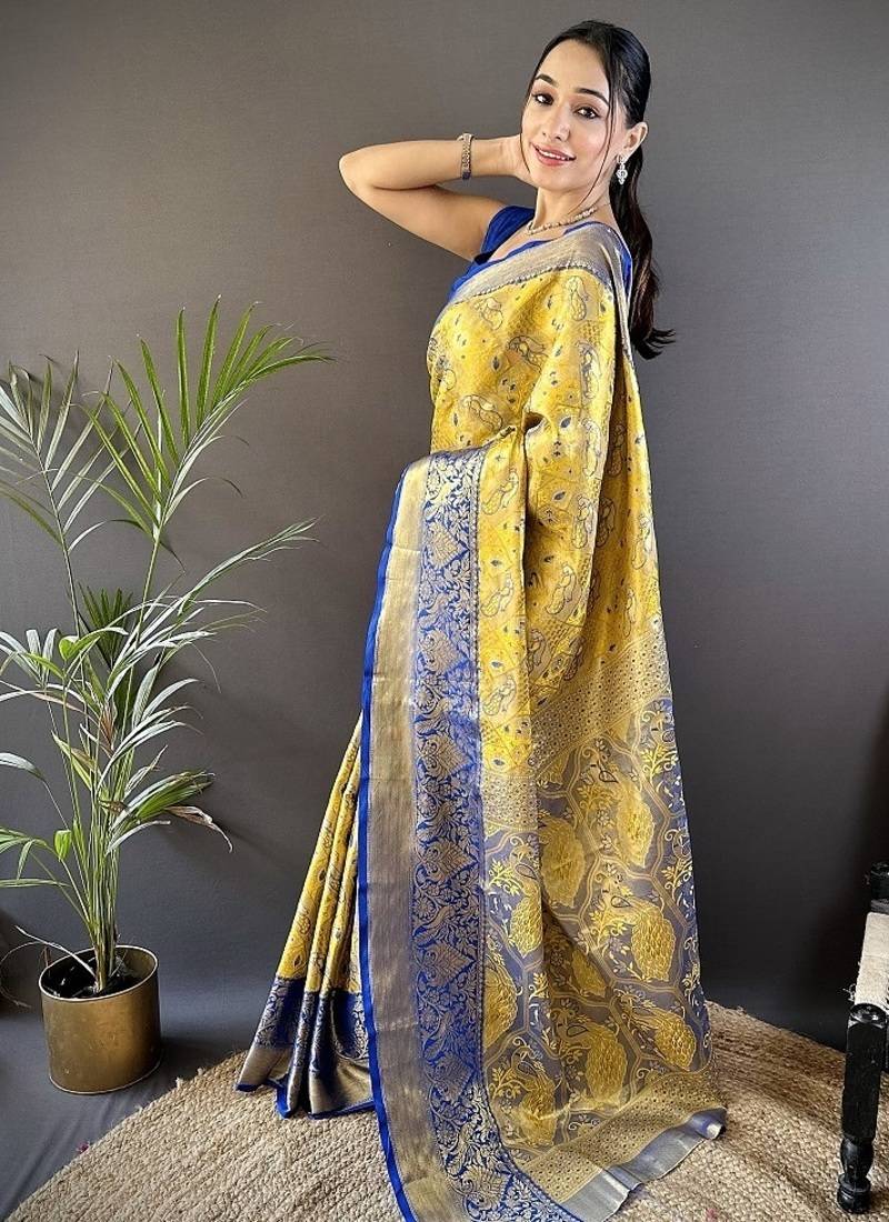 yellow & multicolor color zari weaving work kanjivaram tissue silk saree