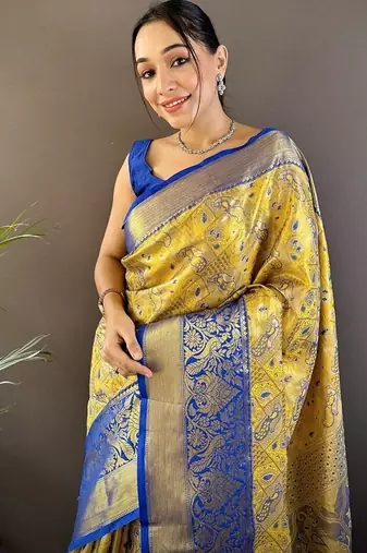 yellow & multicolor color zari weaving work kanjivaram tissue silk blend saree
