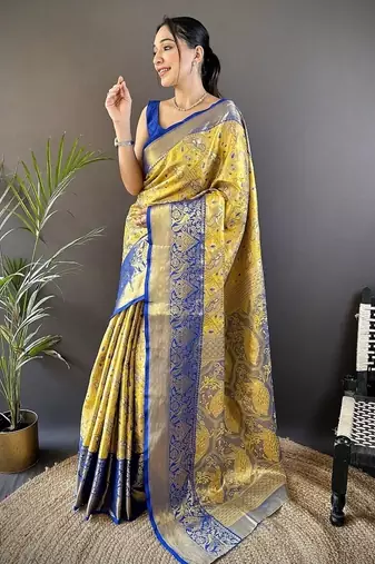 yellow & multicolor color zari weaving work kanjivaram tissue silk blend saree